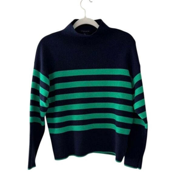 Tahari Striped Mock Neck Pullover Sweater Green Navy Blue Stylish Size Large - Picture 1 of 7